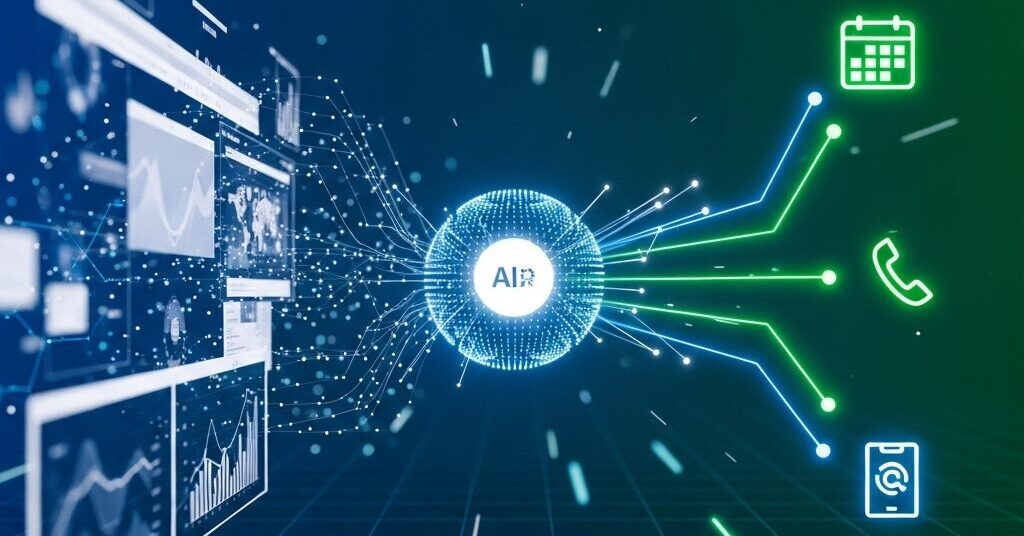 人工知能（AI）によるデータ分析とAI 営業 効率化 を表現したコンセプト画像。中央のAIコアが、グラフやチャートが表示されたデータダッシュボードから情報を処理し、カレンダーや電話などのビジネスツールに接続している様子。