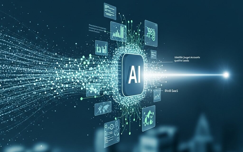 インテントデータ ABMにおいて、AIが膨大な顧客情報を分析し、有望なターゲット企業を特定している様子。
