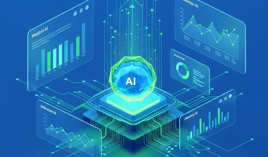 インサイドセールス 効率化 AIが顧客データを分析し、営業活動をグラフで可視化する様子。中央のAIコアから情報が展開されている。