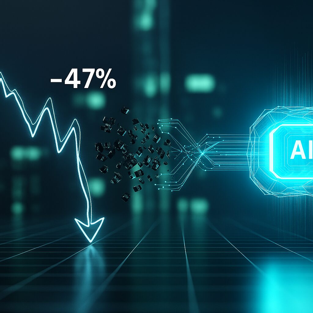 B2B リード 獲得 AIがデータを処理し、コストを47%削減する様子。下向きのグラフとAIプロセッサが、その効果を象徴している。
