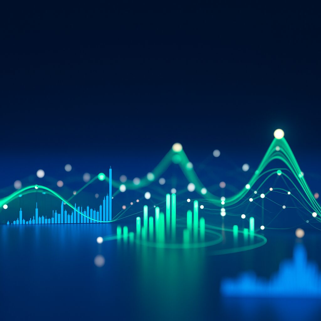 リードナーチャリングのAI活用により、データが分析され、顧客育成の成果が向上していく様子を示すグラフ。