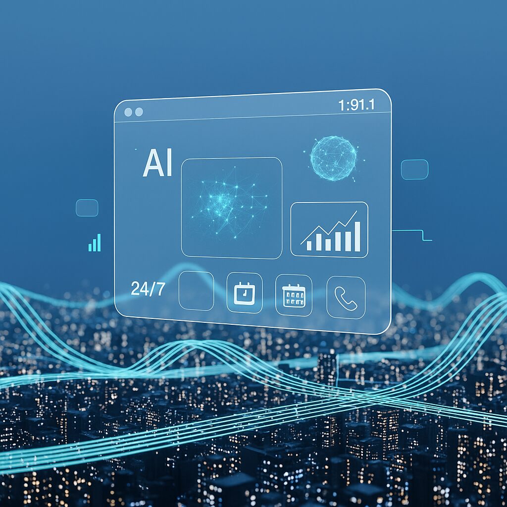 AIチャットボット 商談獲得のプロセス。都市のビッグデータをAIが24時間分析し、営業機会を創出する様子を示すUI。