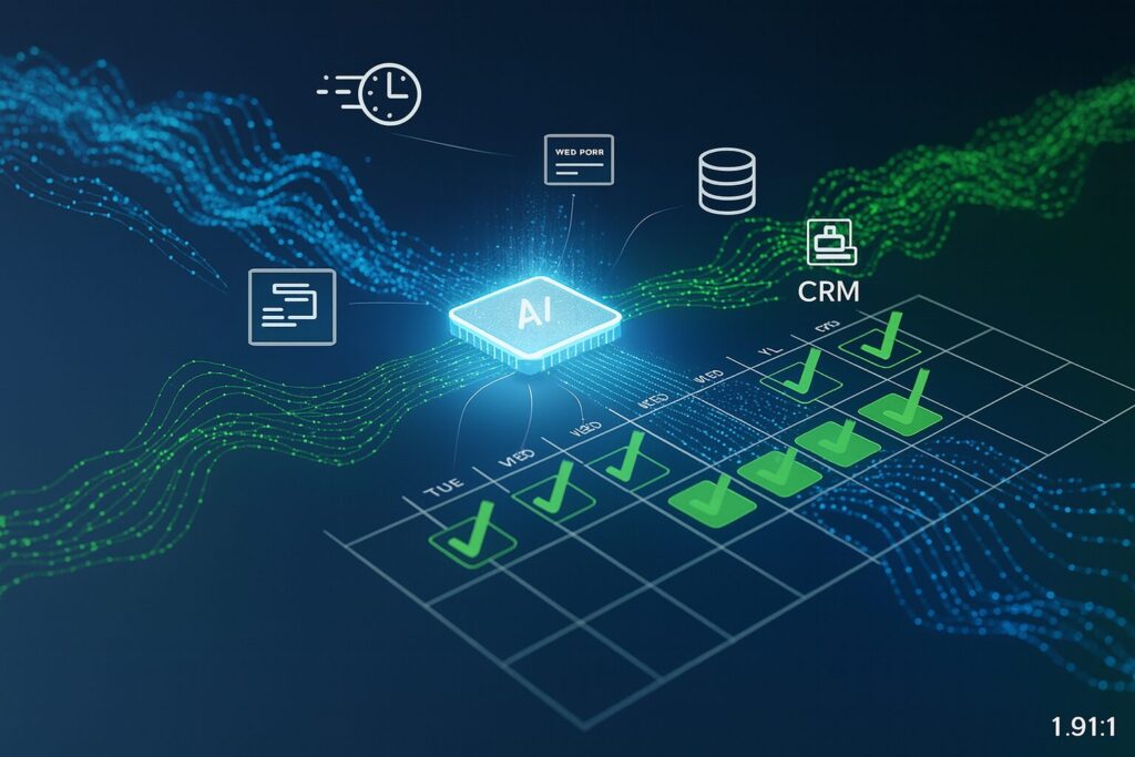 AI 商談 日程調整ツールが、Webフォームからの問い合わせを自動で処理し、CRMと連携して最適な日時を確定する様子。