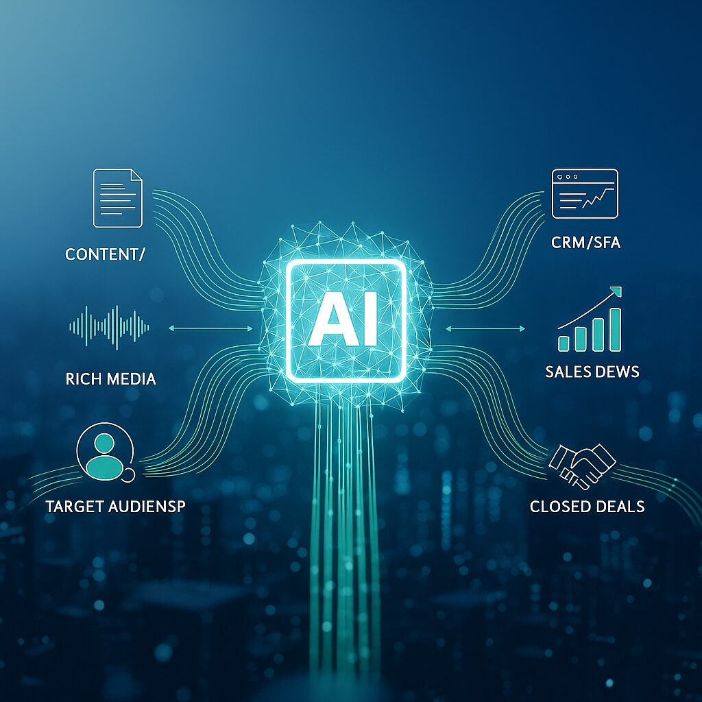 AI コンテンツ 商談創出のプロセス。AIが各種データを分析し、CRM/SFAと連携してセールスリードを育成し、成約に繋げるまでの一連の流れ。