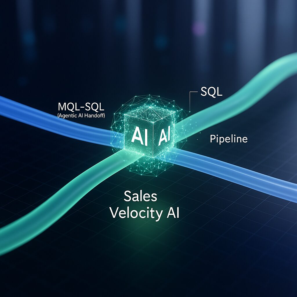 リードハンドオフ AIが、MQLからSQLへのデータストリームを統合し、セールスプロセスを効率化する様子を示す概念図。