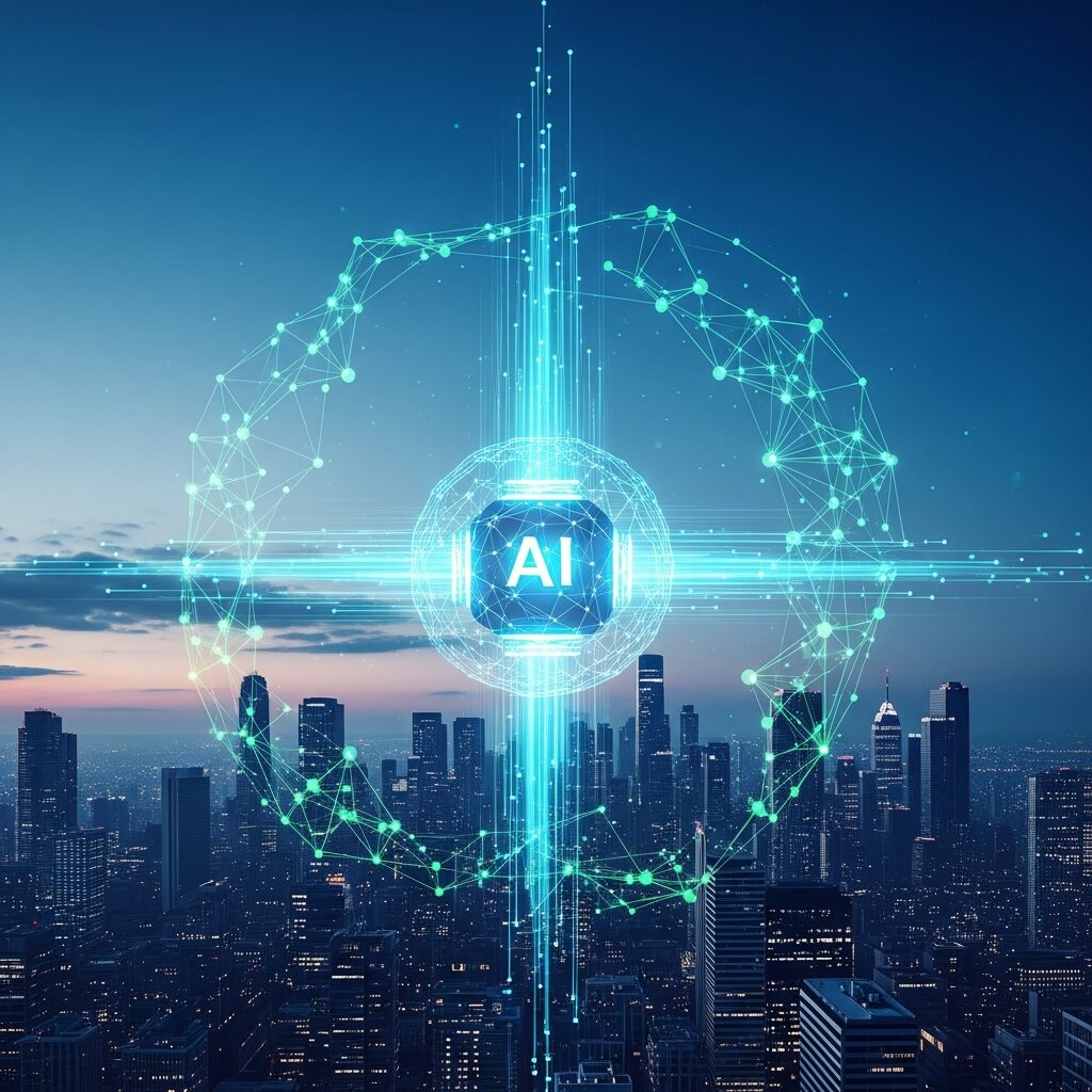 インサイドセールス 効率化 AIが、夜景の都市上空でデータネットワークを制御し、業務を最適化している様子。