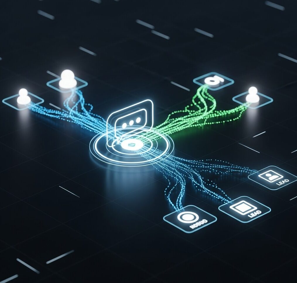 BtoB リード獲得 AIが、訪問者との対話データを解析し、自動で見込み客を識別・分類するプロセスを示す概念図。