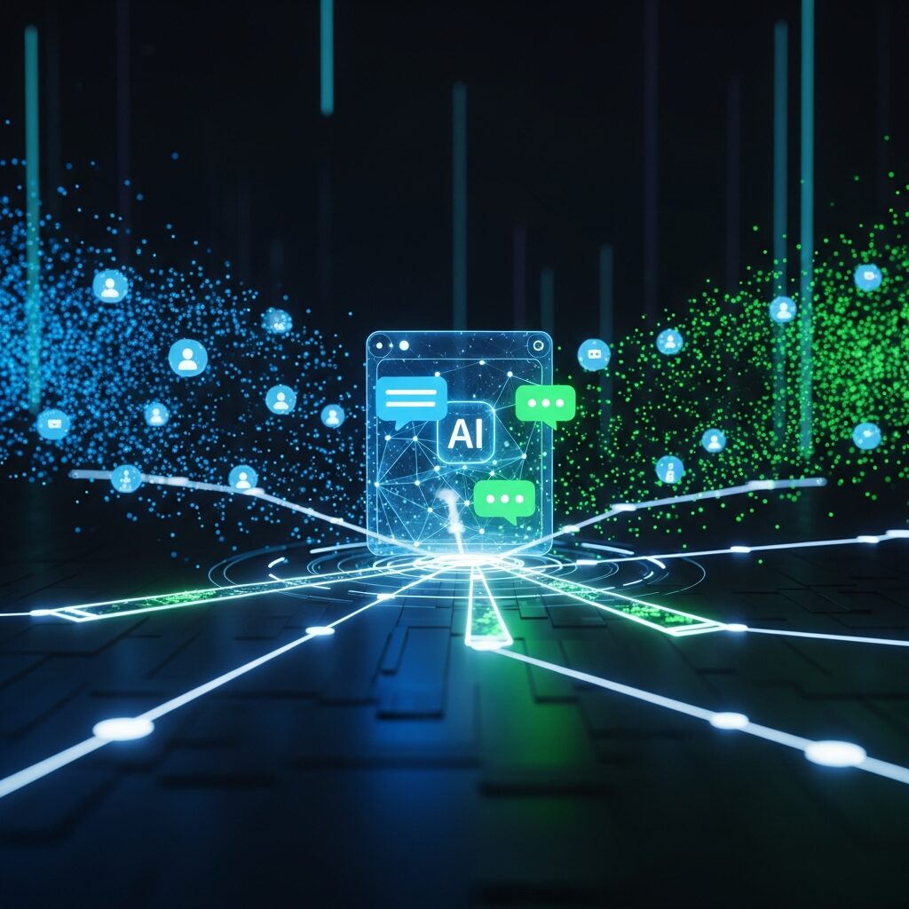 AIチャットボットでリード獲得を実現する様子。多くの訪問者と対話し、データを収集・分析して有望な見込み客へと変換するプロセス。