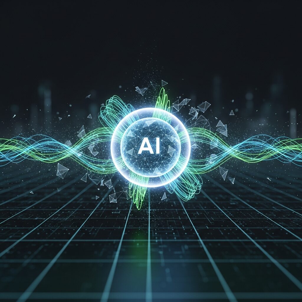 RevOps AI 活用でビジネスデータを最適化する様子。デジタルグリッド上でAIコアが青と緑のデータ波形を分析・処理。