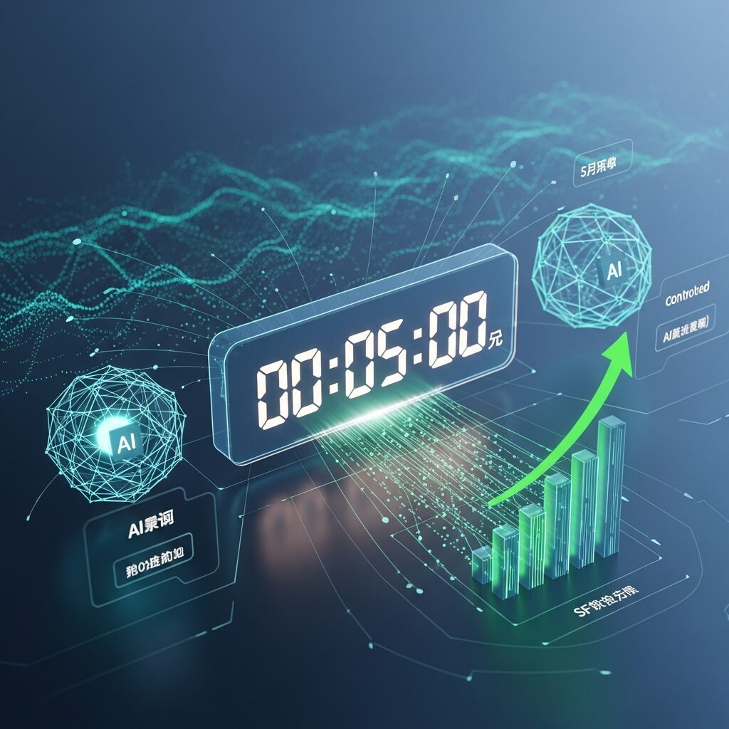 リード対応 AIがデータと連携し、5分という迅速さで成果を上げ、右肩上がりのグラフでビジネスの成長を示す様子。