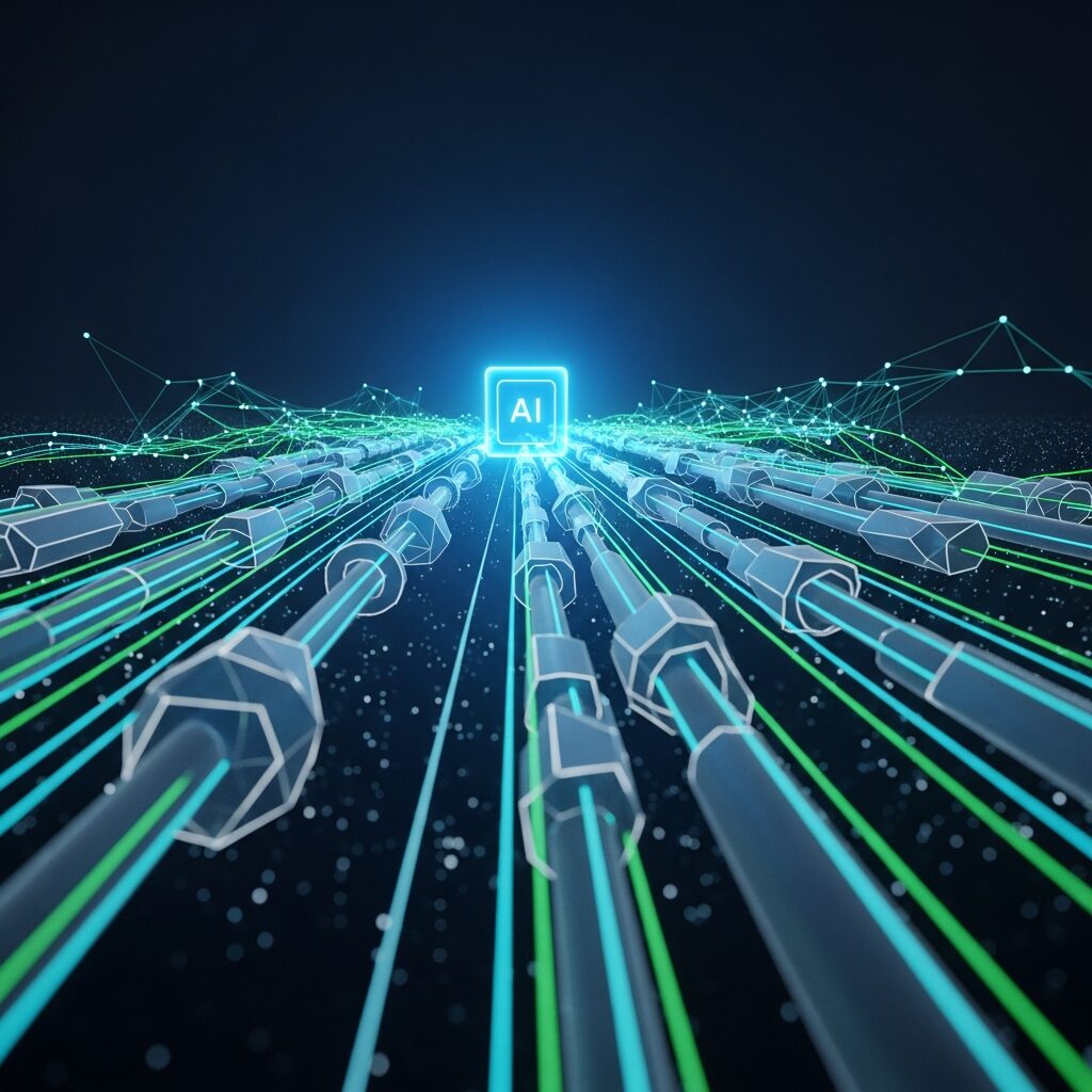 パイプラインベロシティ 改善をAIで加速させる様子。多数のデータパイプラインが中央のプロセッサに向かって高速で流れている。