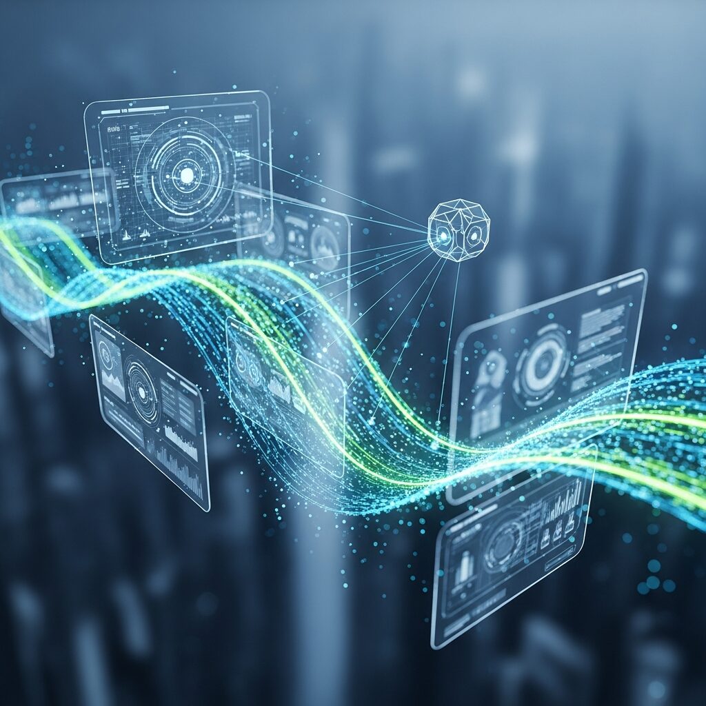 RevOps パイプライン 改善のため、各部門のデータが統合され、未来的なダッシュボード上で分析・可視化されている様子。