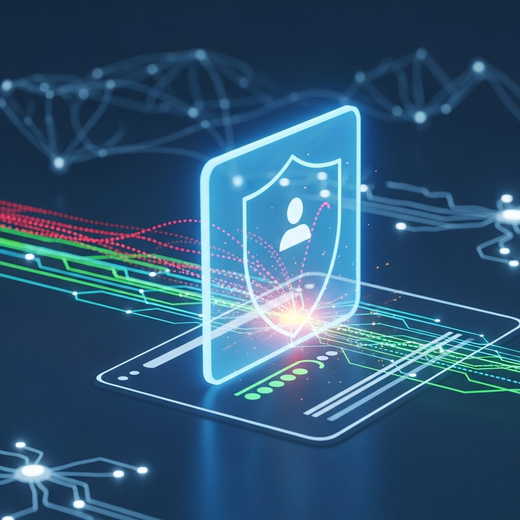 AI 営業 効率化に不可欠な顧客データ保護のイメージ。輝くシールドがサイバー攻撃から情報を守る様子。