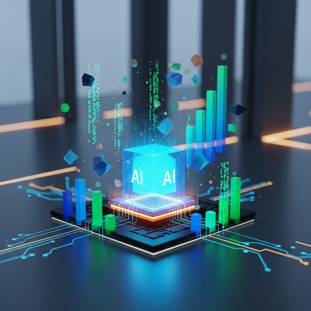 AI 営業 商談化率を向上させるデータ分析の様子。中央のAIプロセッサが情報を処理し、右肩上がりのグラフを生成している。