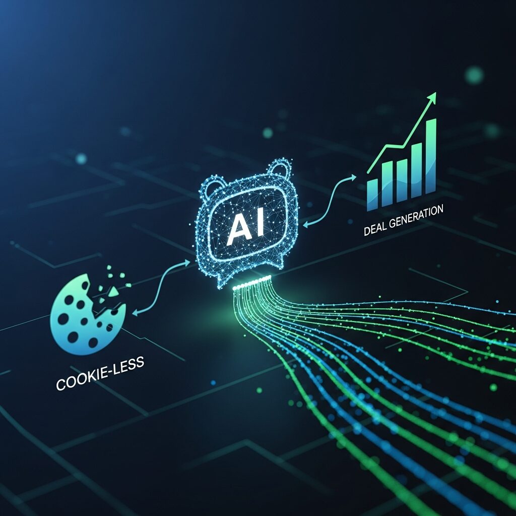 AIチャットボットが商談化を実現するプロセス。クッキーレス環境のデータを活用し、右肩上がりのグラフで示される成果へとつなげる様子。