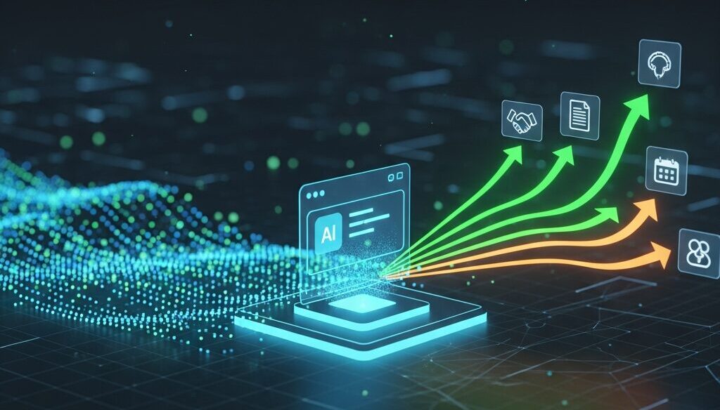 ウェブサイトの匿名訪問者を商談へつなげるAI。訪問データを分析し、契約やアポイントなどのビジネス成果へ変換する様子。