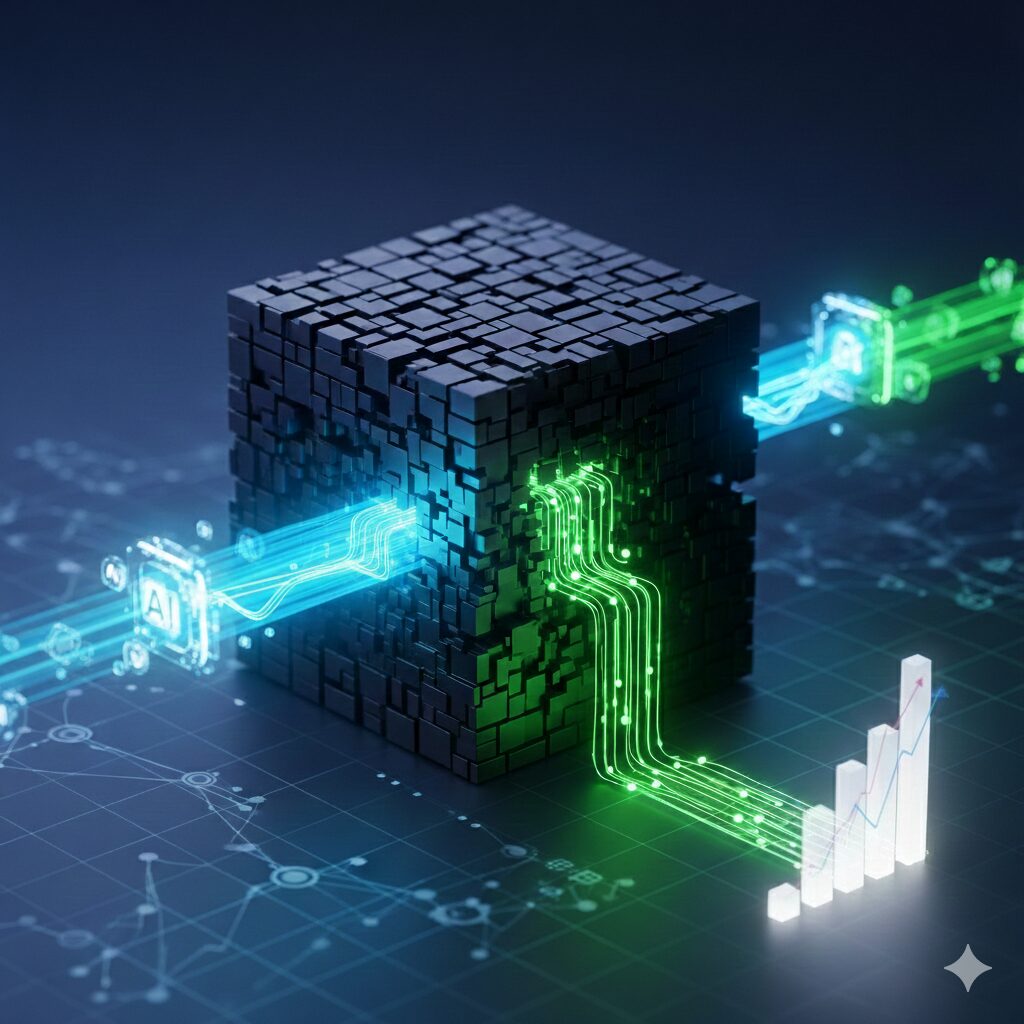 マーケティング ROI 証明のため、AIが複雑なデータを処理し、具体的な成長へと変換するプロセスを示す技術的な概念図。