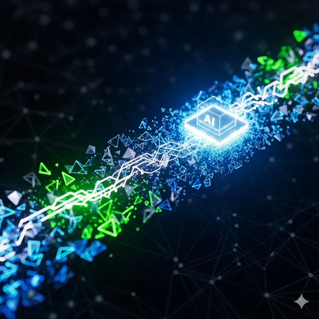 B2B パーソナライゼーション スケーリングを実現するAIチップと、高速で処理されるデータフローの抽象的な描写。