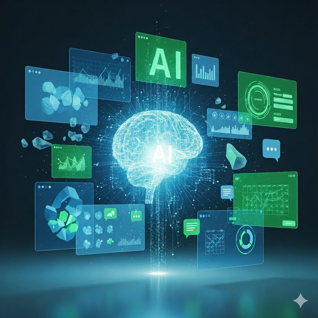 インサイドセールス 自動化を可能にするAIの概念図。輝く脳がデータ分析や営業指標を処理するデジタル描写。