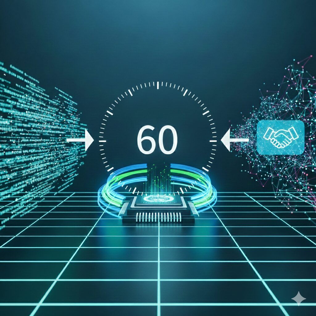 ウェブサイト 商談 自動化の効率を示すタイマー（60分）。データ入力から成果（握手）までを高速処理する概念図。