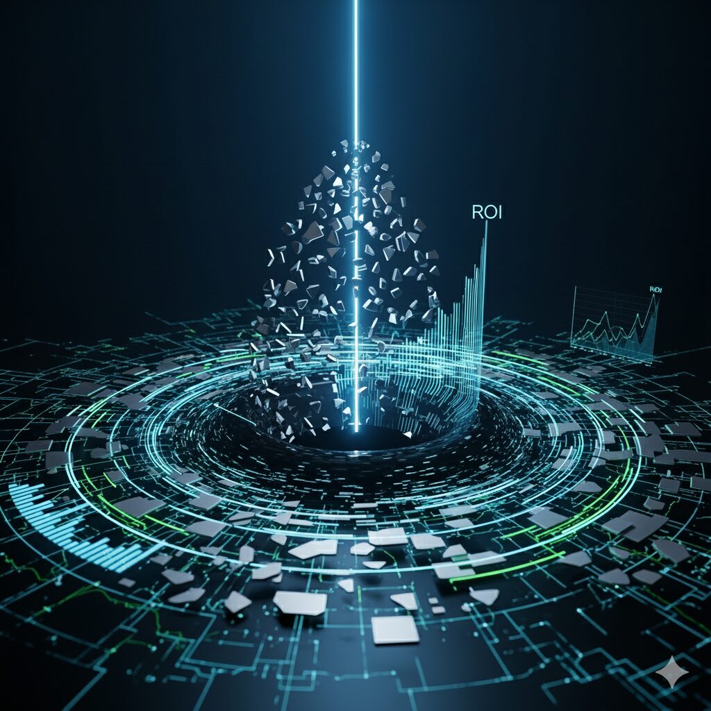 セールステック AI 統合が、散在するBtoBデータを分析し、ROIを向上させるプロセスを示す抽象的なビジュアル。