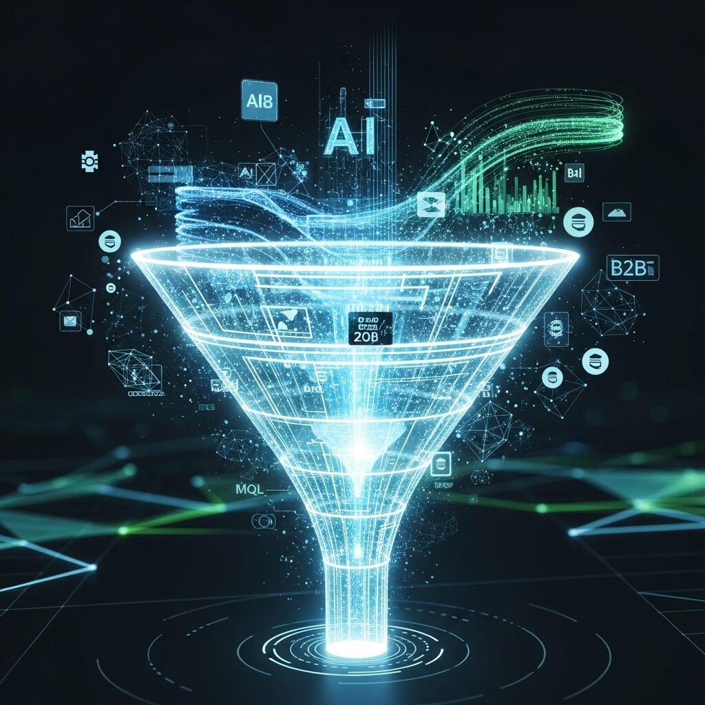 AI 営業 効率化によって、膨大なデータがセールスファネルを通して分析され、質の高い商談機会が創出される様子。