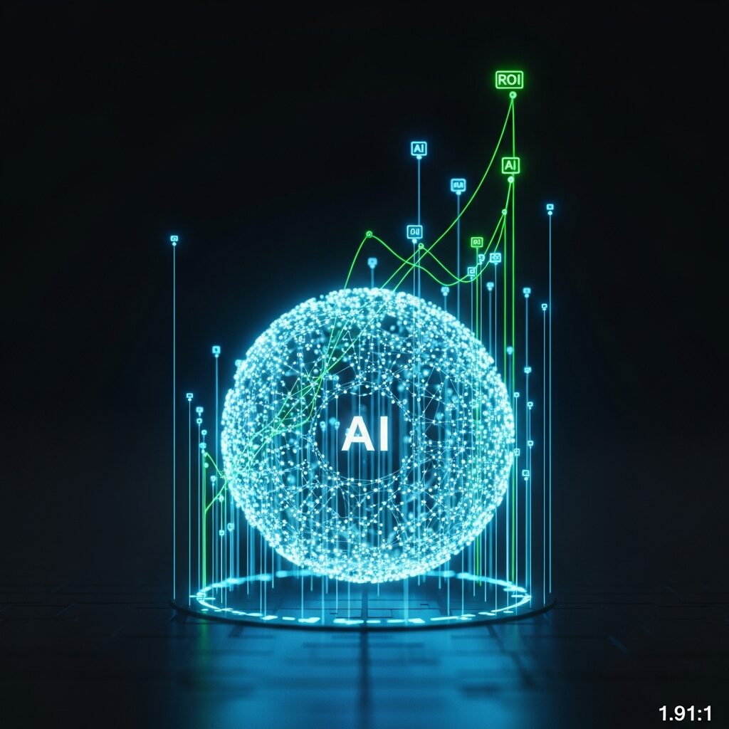 AI 営業 効率化の導入効果。AIコアから伸びるグラフが右肩上がりに成長し、高いROIを示している。