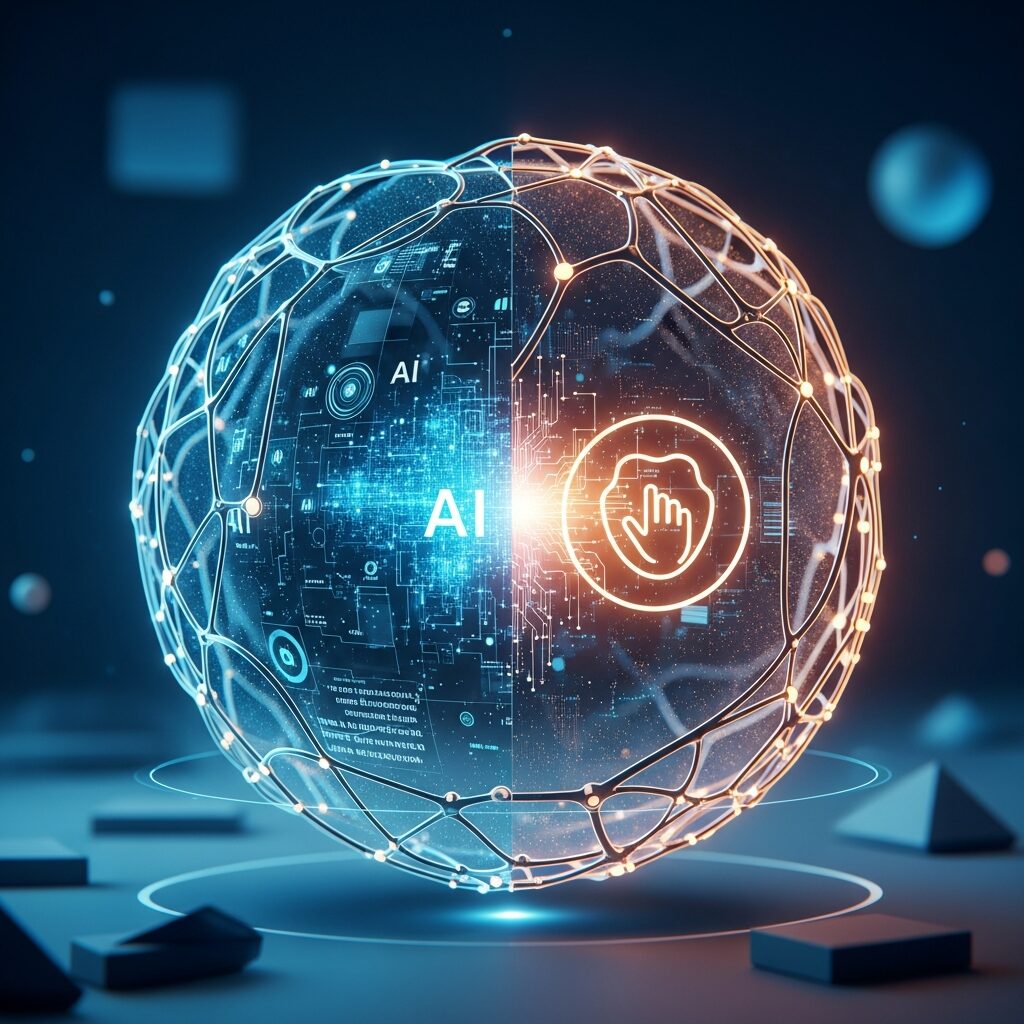 AI 営業 信頼構築を実現する、データ駆動型の抽象的なネットワーク球体と、インタラクションを示す手のアイコン。