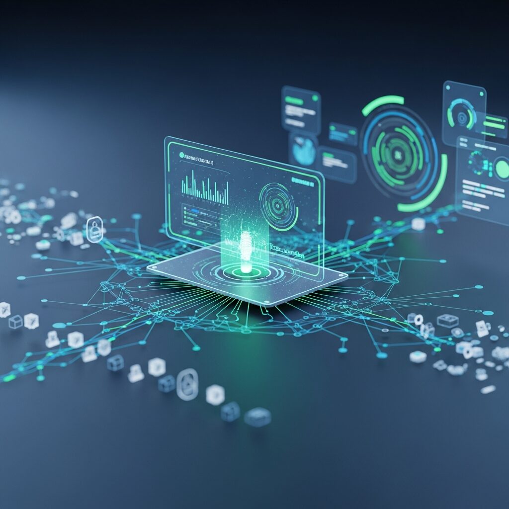 AI SDR 組織再編における、データ駆動型の意思決定とネットワーク化されたプロセスを示すホログラフィックインターフェース。