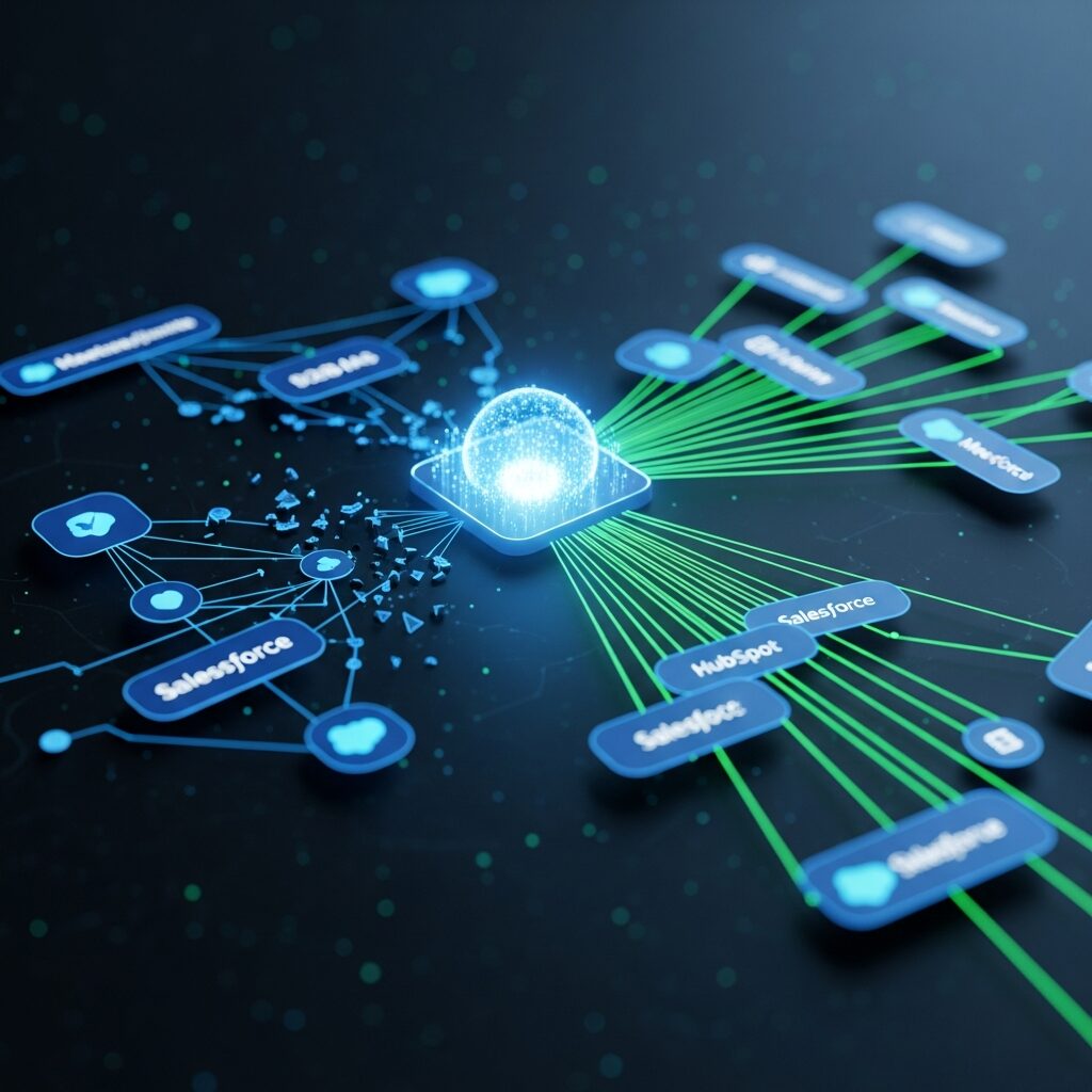 Salesforce データ連携 自動化の仕組みを示す抽象図。複数のSaaSアプリが光るコアを通じて接続・統合される様子。