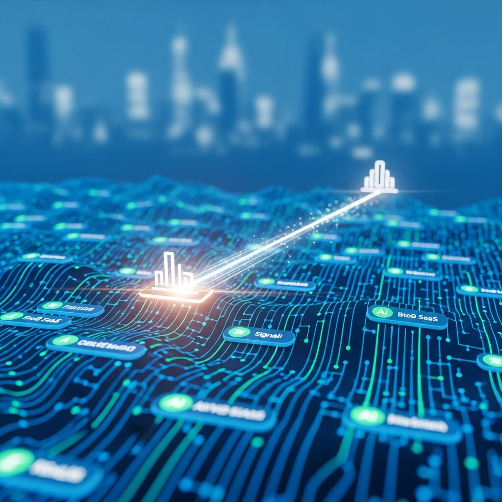 シグナルベースセリング 即時商談化の仕組み。データネットワーク上の特定のシグナルが成長の目標へと光速で導かれる様子。