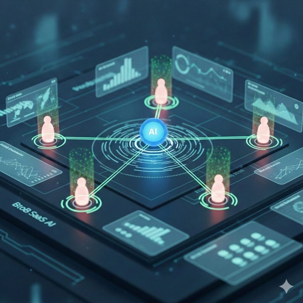 デジタルセールスルーム AI 活用により、顧客データと分析指標を統合し、営業活動を効率化する未来的なネットワーク構造。