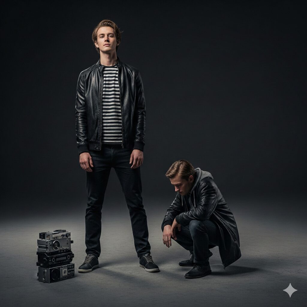 AI 商談化 実装を象徴する、新旧の営業担当者の対比。自信に満ちた立ち姿の男性と、古い機器の横でうなだれる男性。