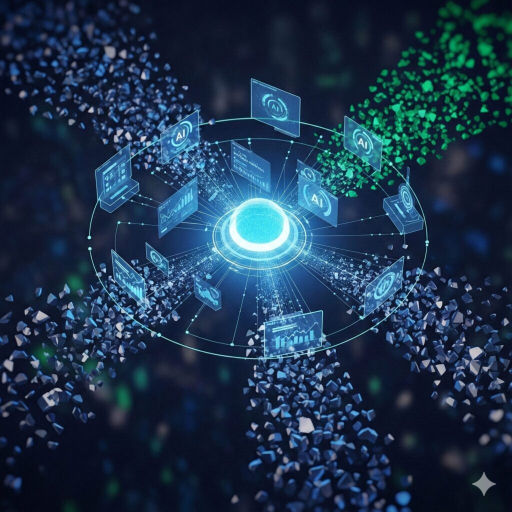 GTM エンジニアリングにおける複雑なデータ処理を示す。AI中央ハブが、多方向から流入する情報を分析し統合する様子。