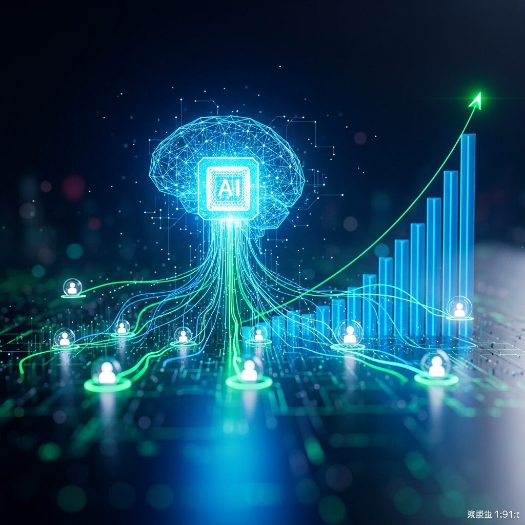 既存顧客 アップセル 自動化を推進するAIの神経回路が、顧客データ（人型アイコン）を分析し、急成長を示すバーグラフへと変換している。