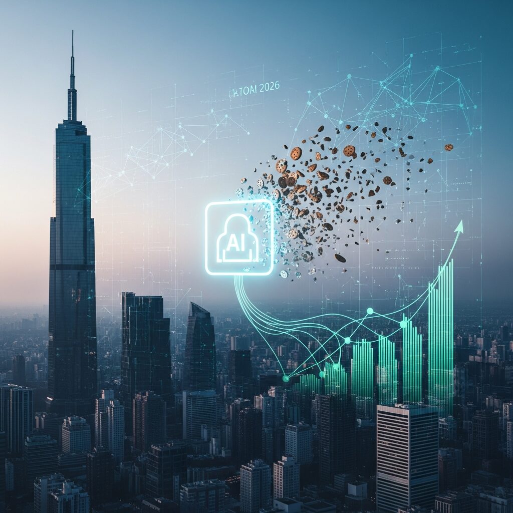 商談創出 AIがクッキーデータを処理し、都市のスカイライン上に重ねられた右肩上がりの成長グラフへと変換する抽象的な図。