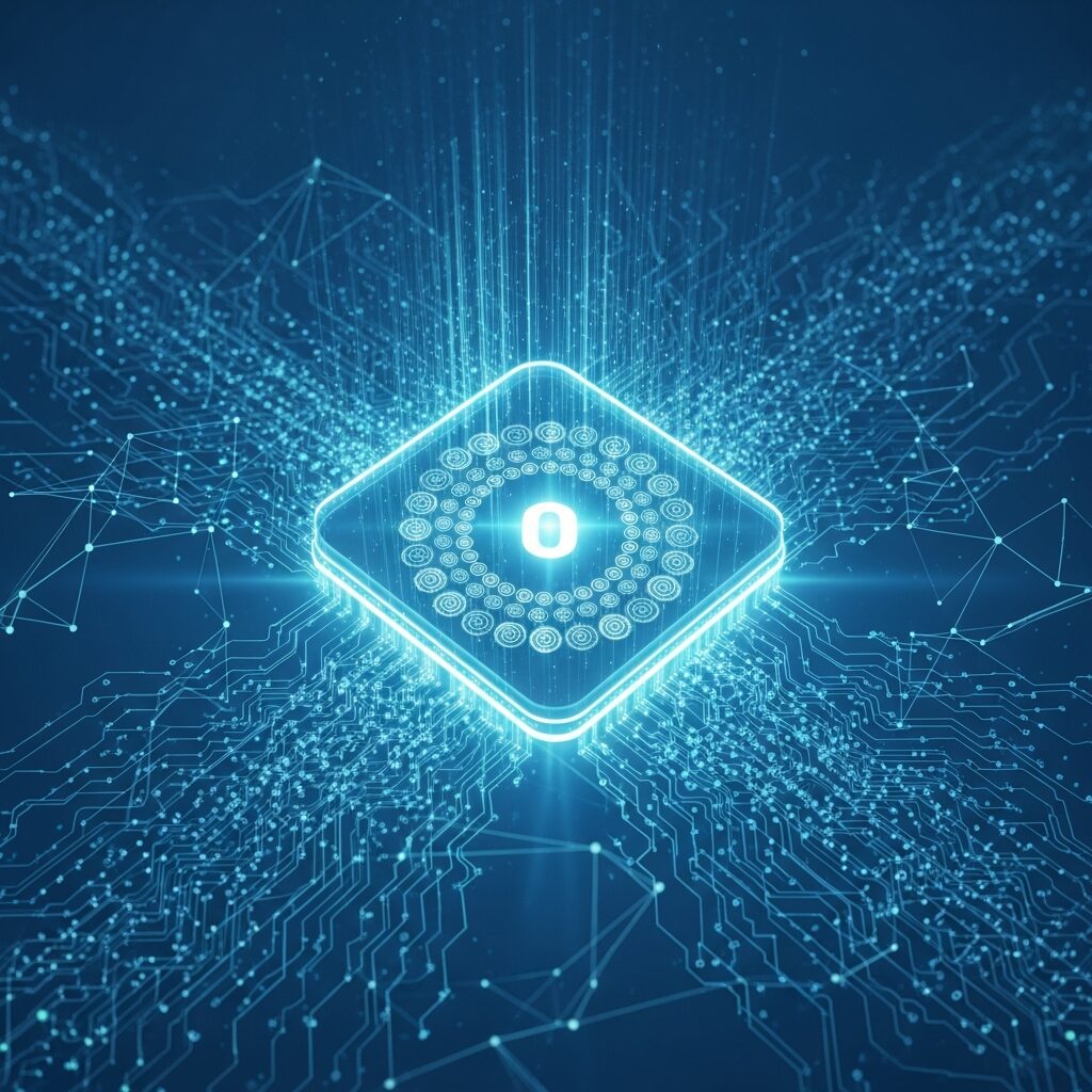 B2B 意思決定 支援を行う、高度なデータ処理能力を示す光るチップとデジタル回路の抽象表現。