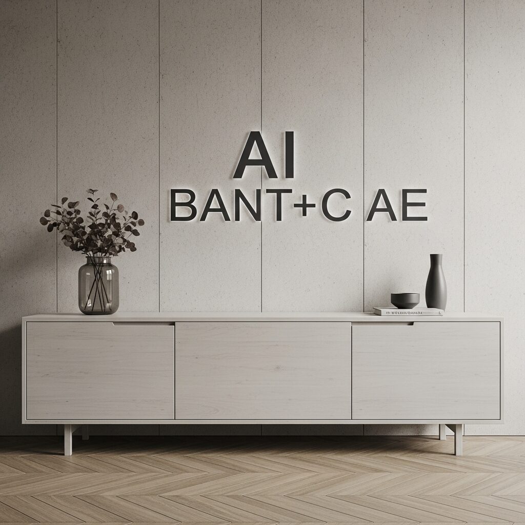 AI 営業 効率化を実現する、モダンな空間の壁に浮かび上がる「AI BANT+C AE」の立体文字。