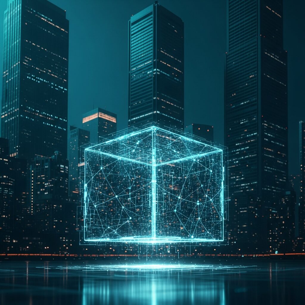 ダークソーシャル 対策 B2B のデータ追跡と分析を表す、夜の都市に浮かぶ青いネットワークキューブ。