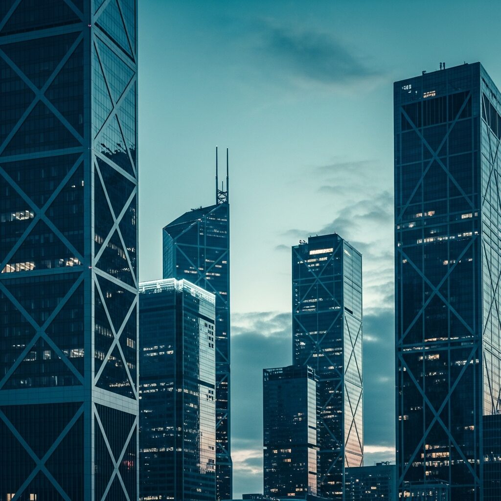 営業 CS 連携 チャーンを防ぐ戦略を象徴する、そびえ立つ高層ビル群。企業間の密接な関係と複雑な構造を示す。