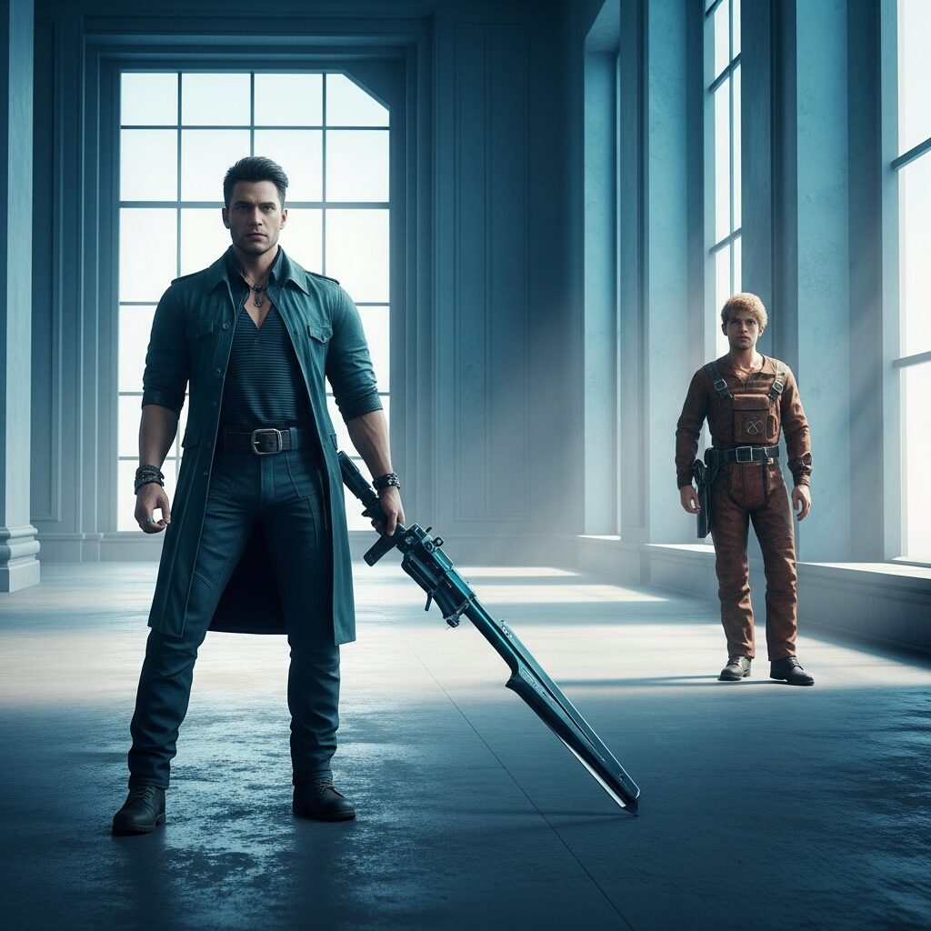 営業予測 精度 AI が実現する高い優位性を象徴する、巨大な剣を持つ未来的な戦士と背景の人物。