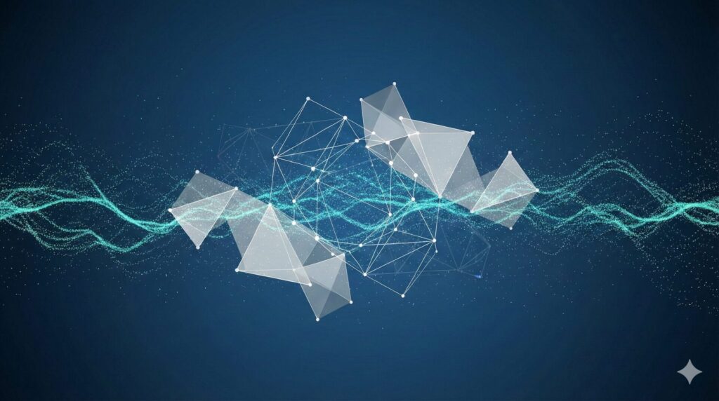 リード獲得におけるモメンタム損失の課題を解決する自動化技術を表す、データネットワークの抽象的なデジタル表現。