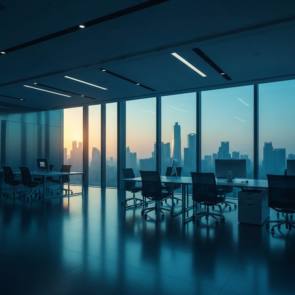 AI 商談 創出の新たな時代を象徴する、高層ビルからの夜明けとモダンなオフィス空間。