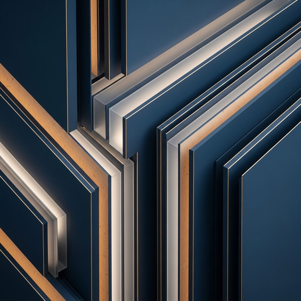 購買委員会 意図 検知の複雑なプロセスを象徴する、ネイビーとゴールドの層状構造の抽象的なグラフィック。