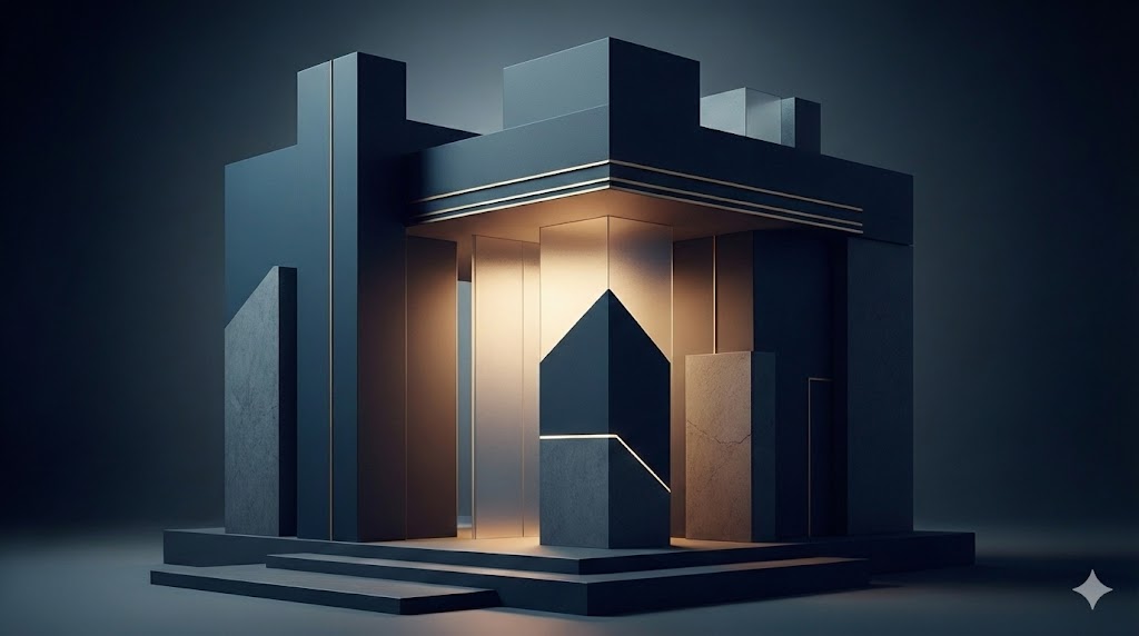 Intent 商談 自動化システムを象徴する、暗い金属と黄金色の光で構成された幾何学的な構造体。